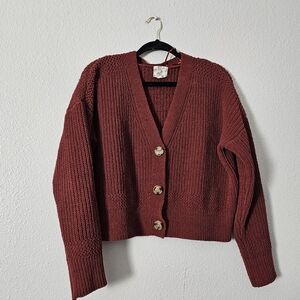 Women's Brick Red V-Neck Button Cardigan Sweater Sz M